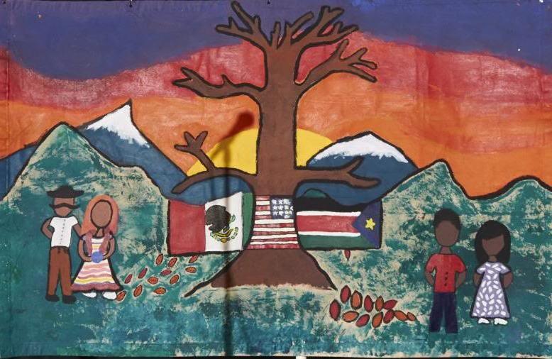 一幅苏丹的图画, 美国和墨西哥的国旗重叠在一棵树上，树的两边各有两人