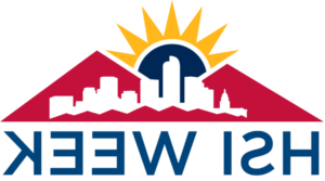Logo celebrating 恒生指数周. There is a blue sun, yellow sun rays, a city in white in front of mountains in red .